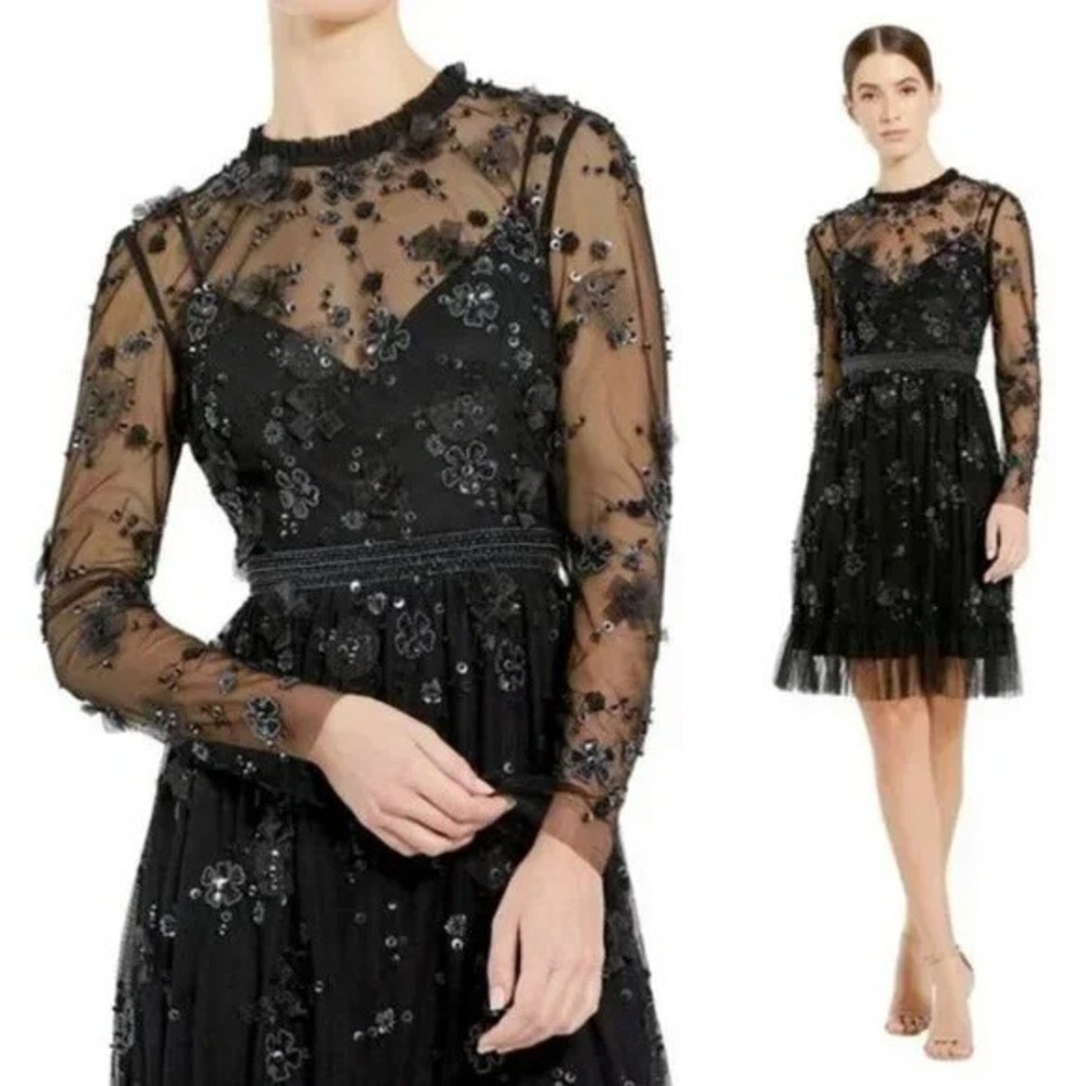 NWT Mac Duggal Black Sheer Long Sleeve Embellished Mini Dress 9140 Size 2